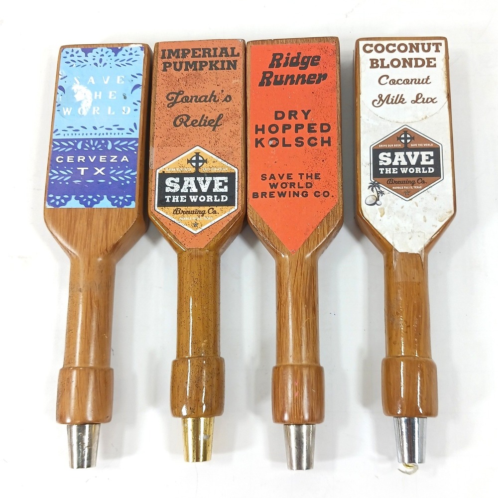 Save The World Brewing Co Wooden Beer Tap Handles Lot of 4 Marble Falls Texas